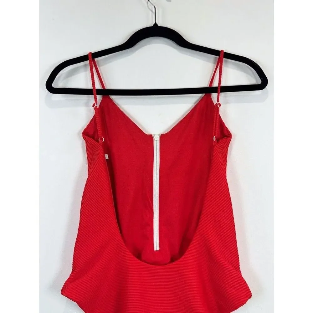 Onia Womens Swimsuit Red One Piece Ribbed Zip Up V Neck Low Scoop Back Small